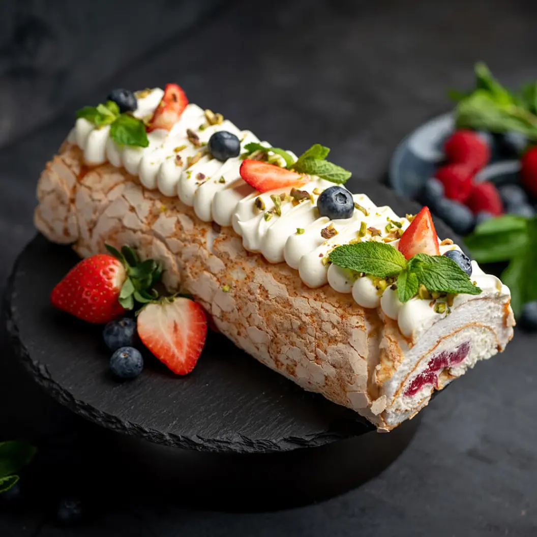 Ресторан Вино и Мясо: Меренговый рулет с малиной и фисташкой