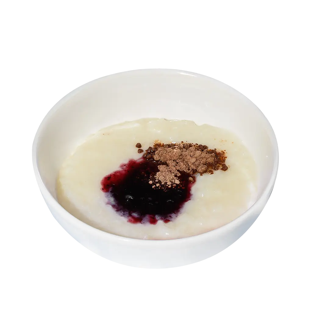 Мама Пицца: Рисовая каша с ягодным джемом и шоколадом