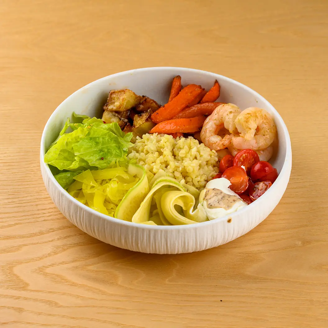 Кофе Семь: Боул с креветками и булгуром